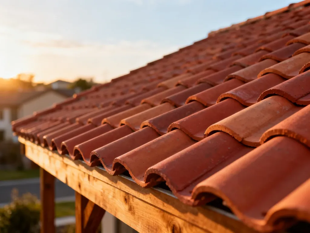 Czerwone dachówki ceramiczne ułożone na drewnianej konstrukcji dachu w świetle zachodzącego słońca.