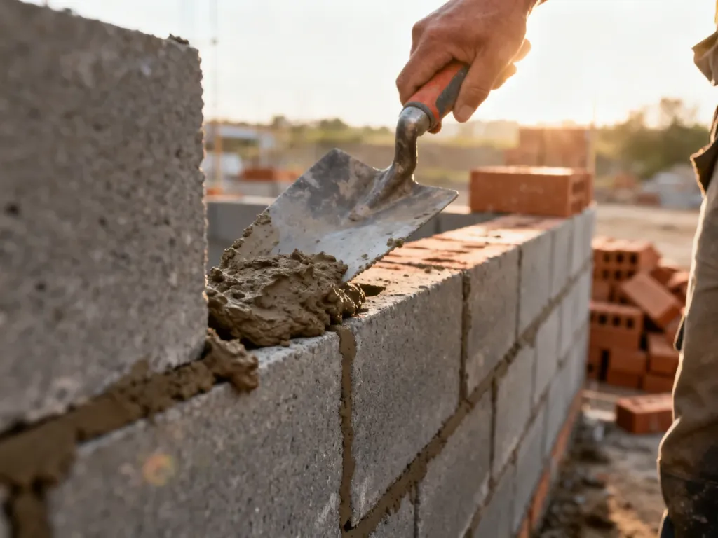 Murarz nakłada zaprawę na betonowe bloczki podczas wznoszenia ściany na placu budowy.